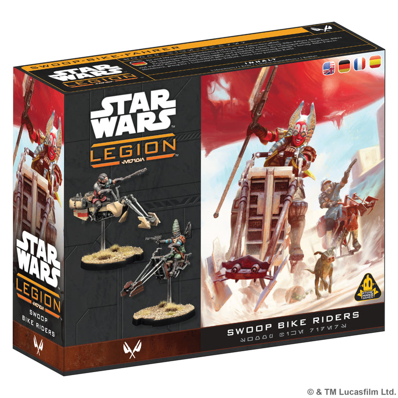 Load image into Gallery viewer, Star Wars: Legion – Swoop Bike Riders - Front of box featuring art of Swoop Bike Riders and images of miniatures.
