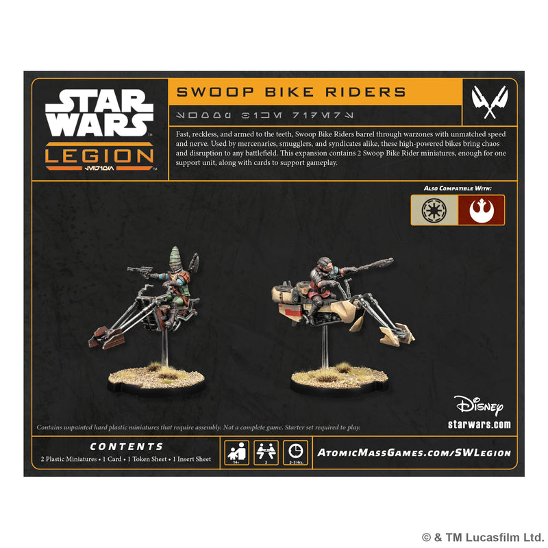 Load image into Gallery viewer, Star Wars: Legion – Swoop Bike Riders - Back of box with expansion description, contents list, and images of Swoop Bike Rider miniatures. 

