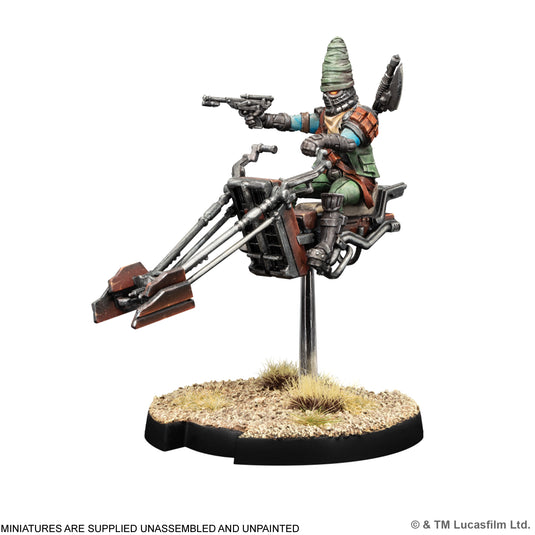 Star Wars: Legion – Swoop Bike Riders - View of assembled and painted Swoop Bike Rider miniature with note that miniatures are supplied unassembled and unpainted. 
