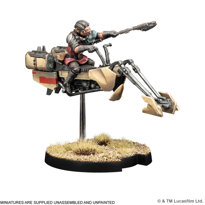 Load image into Gallery viewer, Star Wars: Legion – Swoop Bike Riders - View of assembled and painted Swoop Bike Rider miniature with note that miniatures are supplied unassembled and unpainted. 
