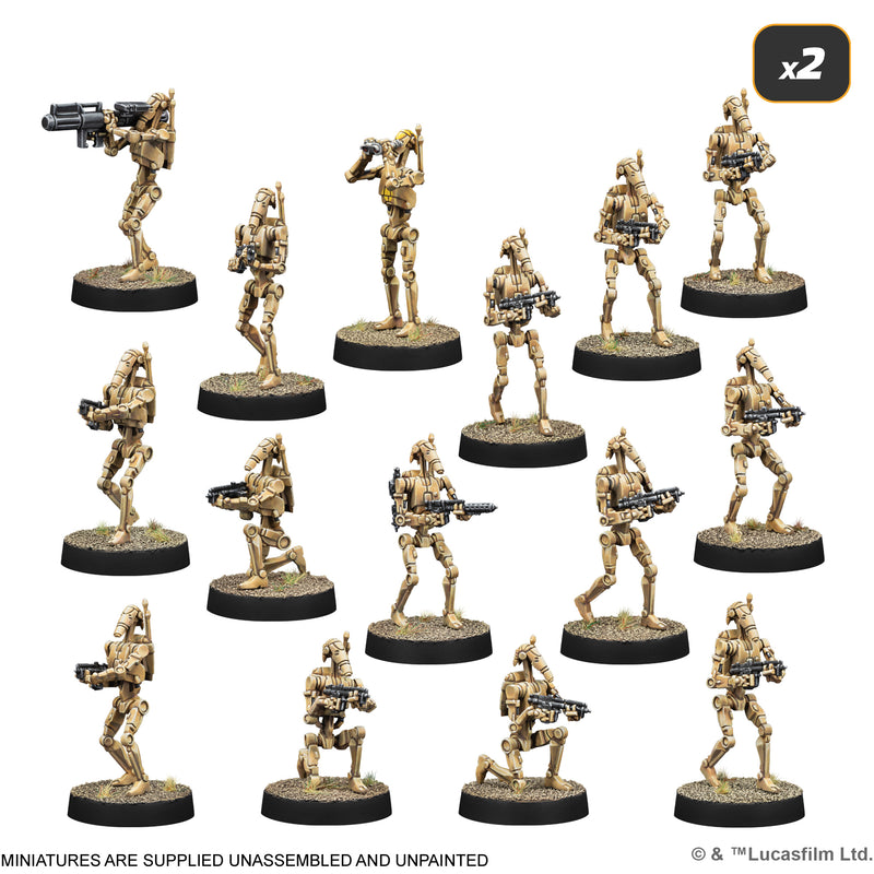 Load image into Gallery viewer, Star Wars: Legion - Separatist Alliance Starter Set - B1 Battle Droid miniatures shown with note that miniatures are supplied unassembled and unpainted.
