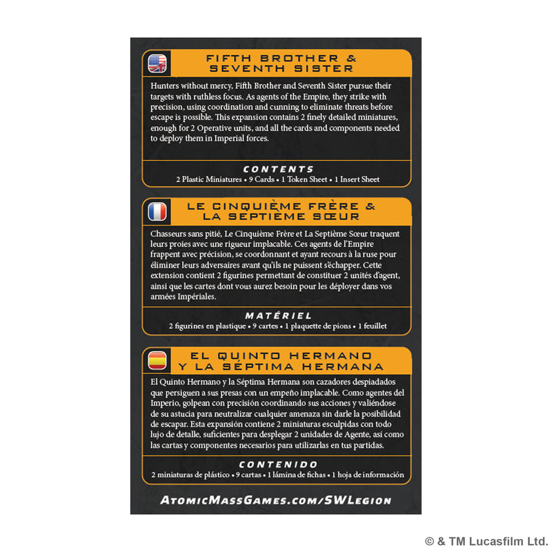 Load image into Gallery viewer, Star Wars: Legion – Fifth Brother &amp; Seventh Sister - Back of packaging with overview and contents list in English, French, and Spanish. 
