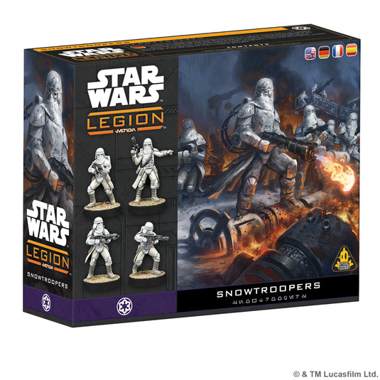 Star Wars: Legion – Snowtrooper - front of box featuring art of Snowtroopers and images of Snowtrooper miniatures.