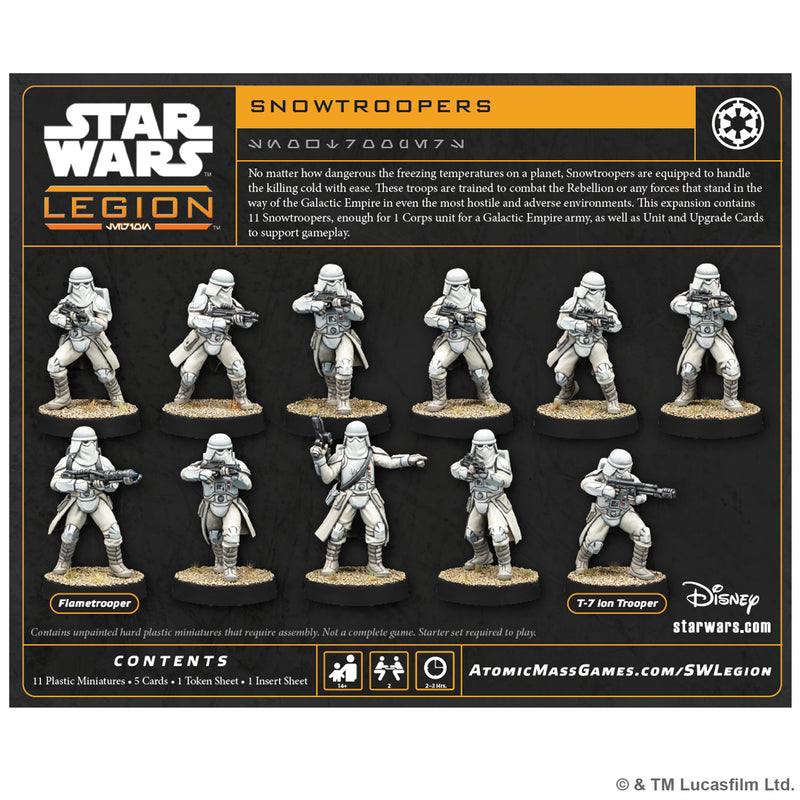 Load image into Gallery viewer, Star Wars: Legion – Snowtrooper - back of box with overview, contents list, and images of Snowtrooper miniatures. 
