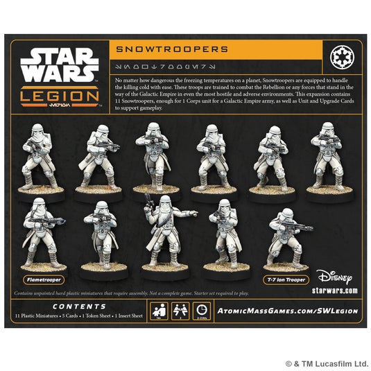 Star Wars: Legion – Snowtrooper - back of box with overview, contents list, and images of Snowtrooper miniatures. 