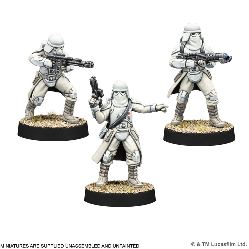 Load image into Gallery viewer, Star Wars: Legion – Snowtrooper - three Snowtrooper miniatures displayed. Note states miniatures are supplied unassembled and unpainted.
