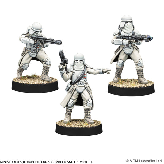 Star Wars: Legion – Snowtrooper - three Snowtrooper miniatures displayed. Note states miniatures are supplied unassembled and unpainted.