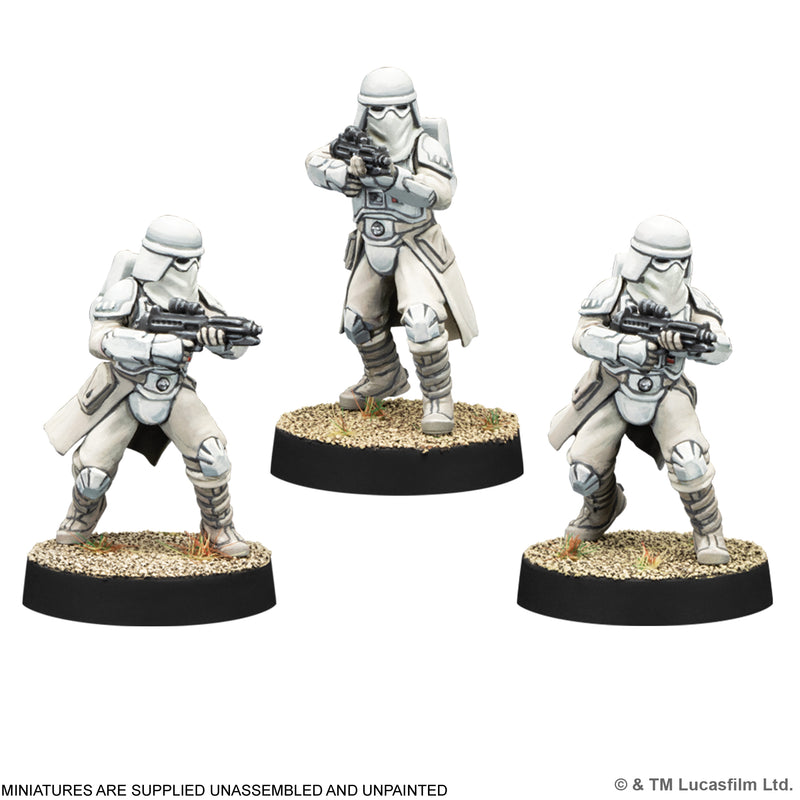 Load image into Gallery viewer, Star Wars: Legion – Snowtrooper - three Snowtrooper miniatures displayed. Note states miniatures are supplied unassembled and unpainted.
