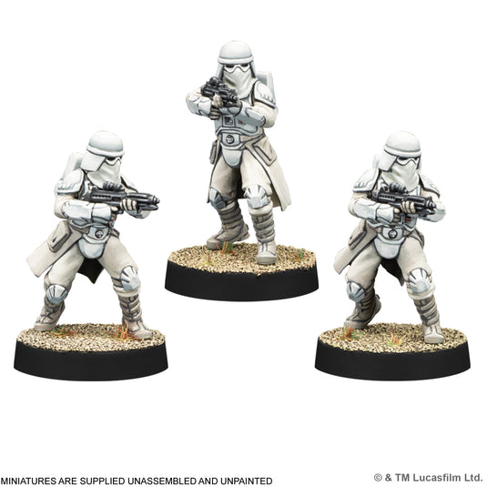 Star Wars: Legion – Snowtrooper - three Snowtrooper miniatures displayed. Note states miniatures are supplied unassembled and unpainted.