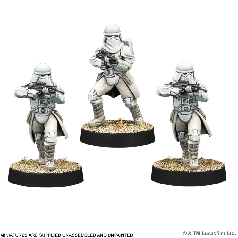 Load image into Gallery viewer, Star Wars: Legion – Snowtrooper - three Snowtrooper miniatures displayed. Note states miniatures are supplied unassembled and unpainted.
