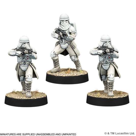 Star Wars: Legion – Snowtrooper - three Snowtrooper miniatures displayed. Note states miniatures are supplied unassembled and unpainted.