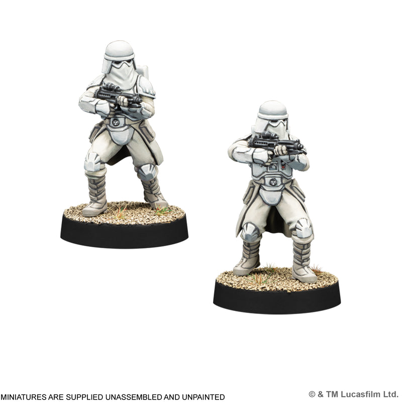 Load image into Gallery viewer, Star Wars: Legion – Snowtrooper - two Snowtrooper miniatures displayed. Note states miniatures are supplied unassembled and unpainted.
