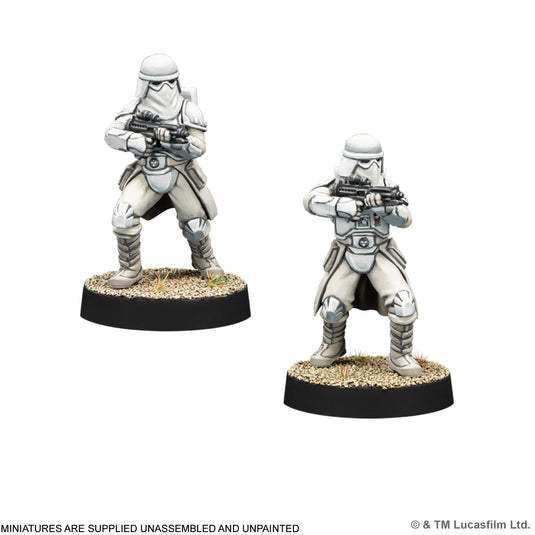 Star Wars: Legion – Snowtrooper - two Snowtrooper miniatures displayed. Note states miniatures are supplied unassembled and unpainted.