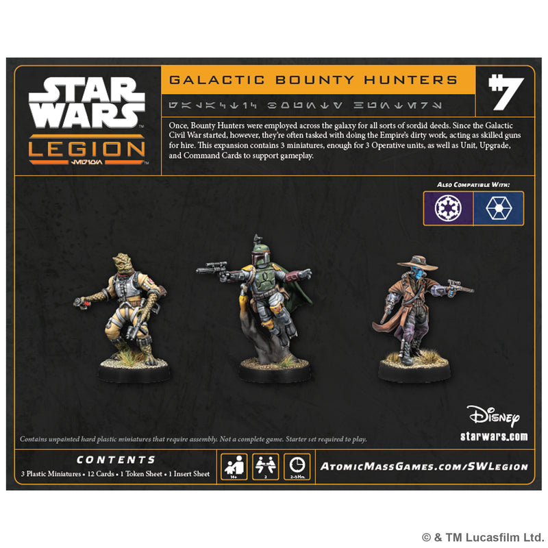 Load image into Gallery viewer, Star Wars: Legion –Galactic Bounty Hunters Expansion - back of box with overview, contents list, and images of three Star Wars character miniatures. 
