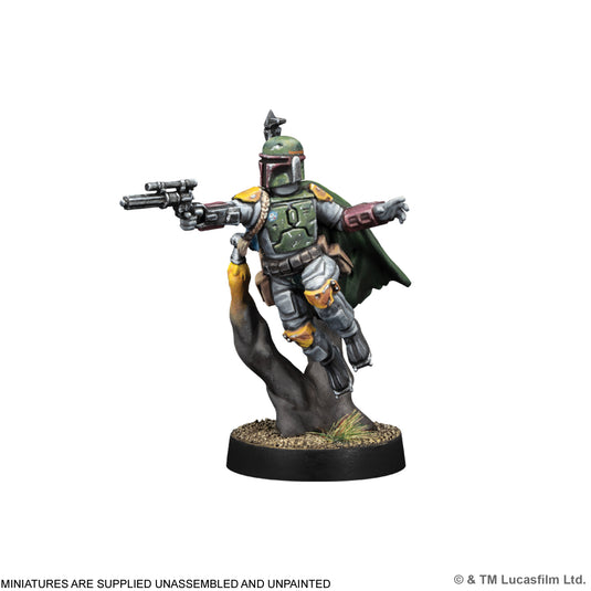 Star Wars: Legion –Galactic Bounty Hunters Expansion - Boba Fett miniature displayed with note that miniatures are supplied unassembled and unpainted. 