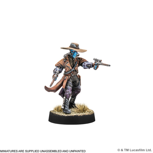 Star Wars: Legion –Galactic Bounty Hunters Expansion - Cad Bane miniature displayed with note that miniatures are supplied unassembled and unpainted. 