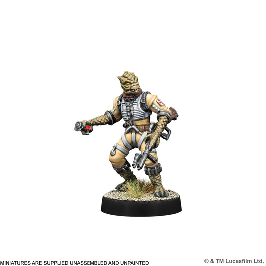 Star Wars: Legion –Galactic Bounty Hunters Expansion - Bossk miniature displayed with note that miniatures are supplied unassembled and unpainted. 