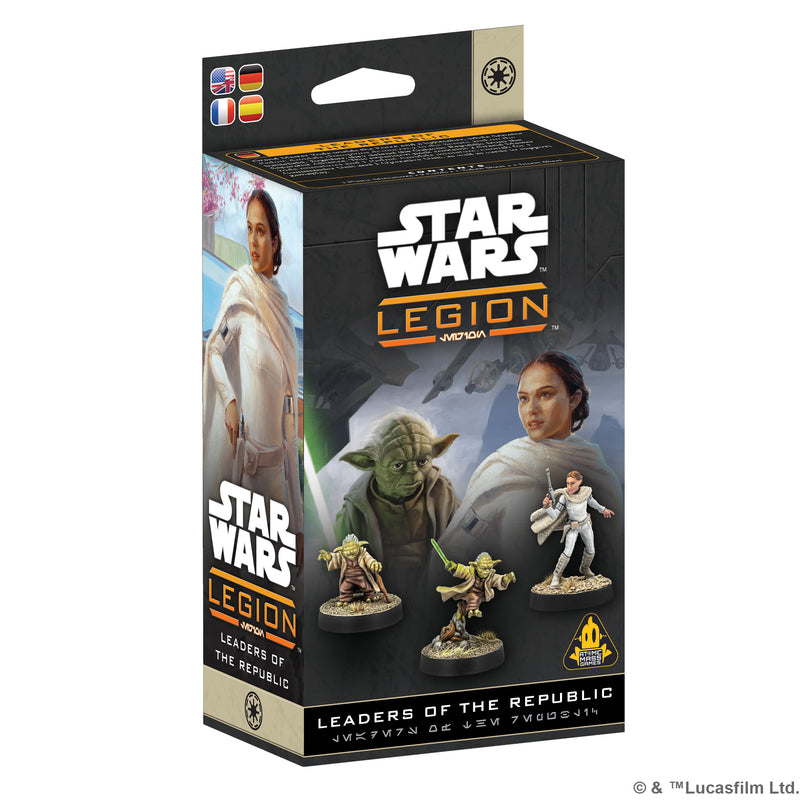 Load image into Gallery viewer, Star Wars: Legion – Leaders of the Republic - Front of box with art of Yoda and Padmé Amidala along with images of included miniatures. 
