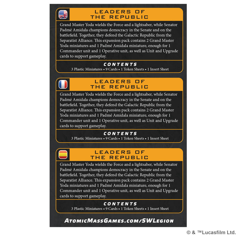 Load image into Gallery viewer, Star Wars: Legion – Leaders of the Republic - Back of box with overview and contents list in English, French, and Spanish. 
