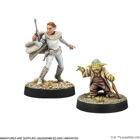 Star Wars: Legion – Leaders of the Republic - Yoda and Padmé Amidala miniatures displayed with note that miniatures are supplied unassembled and unpainted. 