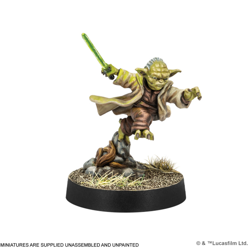 Load image into Gallery viewer, Star Wars: Legion – Leaders of the Republic - Yoda miniature displayed with note that miniatures are supplied unassembled and unpainted. 
