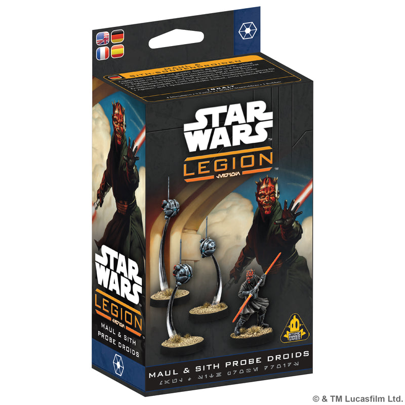 Load image into Gallery viewer, Star Wars: Legion -Darth Maul &amp; Sith Probe Operative - Front of packaging with art of Darth Maul and images of miniatures.
