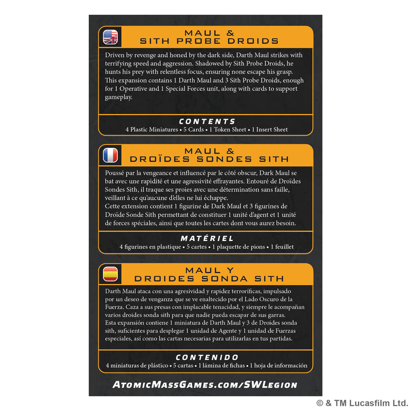 Load image into Gallery viewer, Star Wars: Legion -Darth Maul &amp; Sith Probe Operative - Back of packaging with game description and contents list in English, French, and Spanish.
