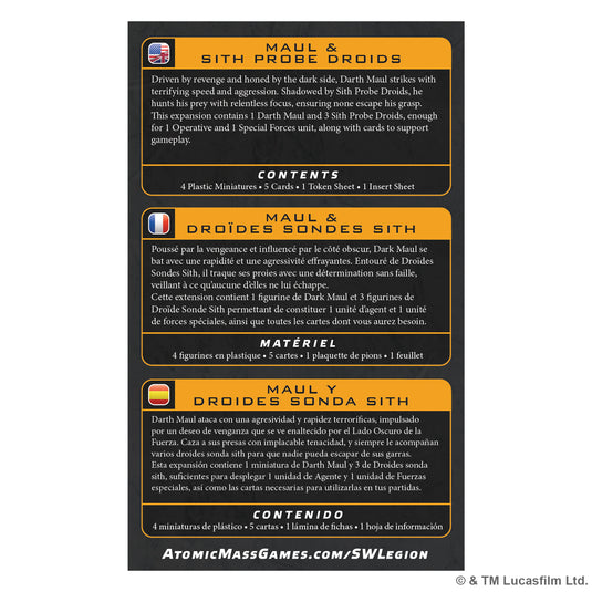Star Wars: Legion -Darth Maul & Sith Probe Operative - Back of packaging with game description and contents list in English, French, and Spanish.