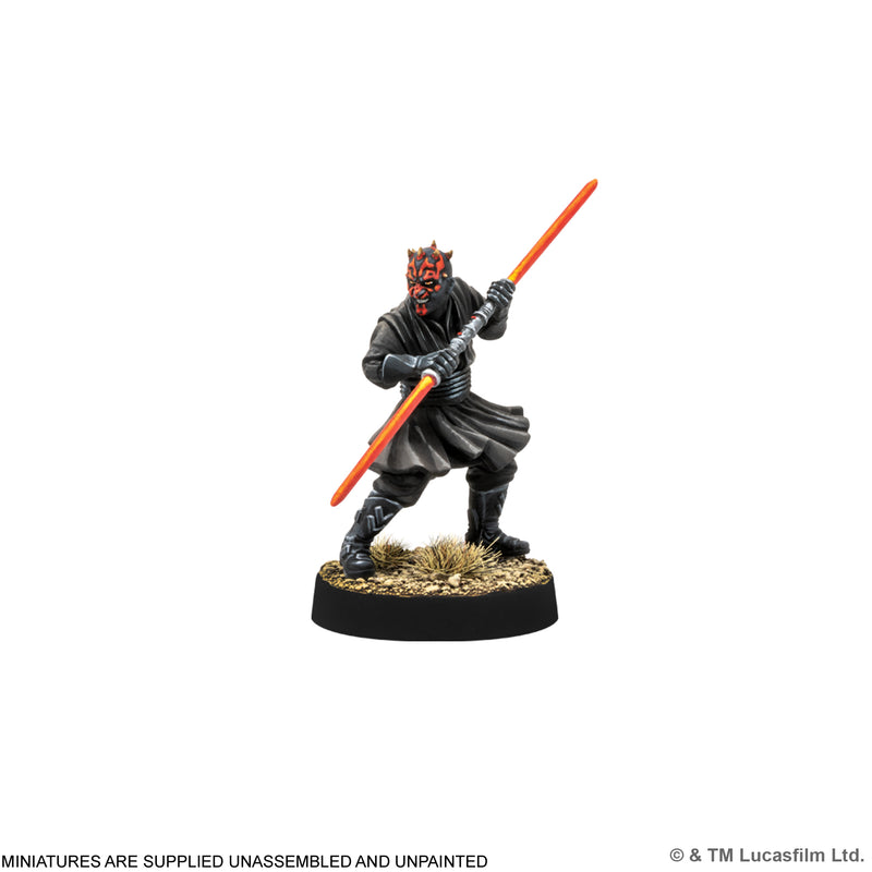 Load image into Gallery viewer, Star Wars: Legion -Darth Maul &amp; Sith Probe Operative - Darth Maul miniature displayed with note that miniatures are supplied unassembled and unpainted.
