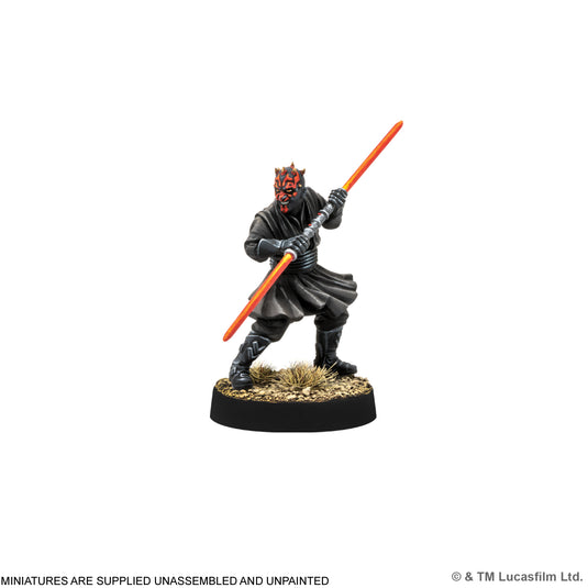 Star Wars: Legion -Darth Maul & Sith Probe Operative - Darth Maul miniature displayed with note that miniatures are supplied unassembled and unpainted.