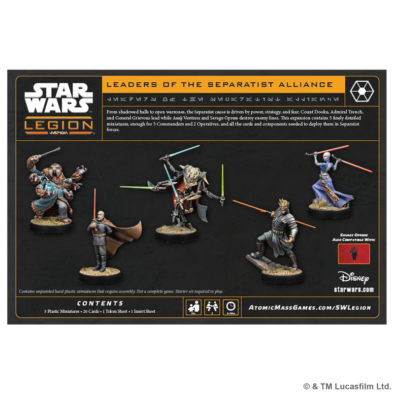 Load image into Gallery viewer, Star Wars: Legion – Leaders of the Separatist Alliance - Back of box with overview, contents list, and images of assembled miniatures. 
