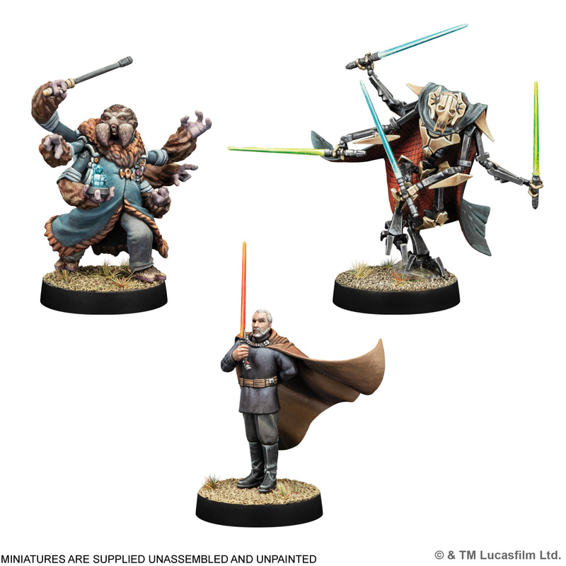 Load image into Gallery viewer, Star Wars: Legion – Leaders of the Separatist Alliance - Sample miniatures displayed with note that miniatures are supplied unassembled and unpainted.
