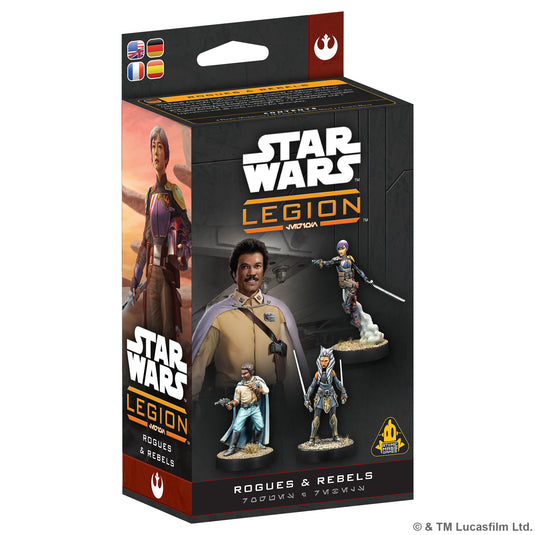 Star Wars: Legion – Rogues & Rebels - front of packaging featuring images of Star Wars character miniatures.