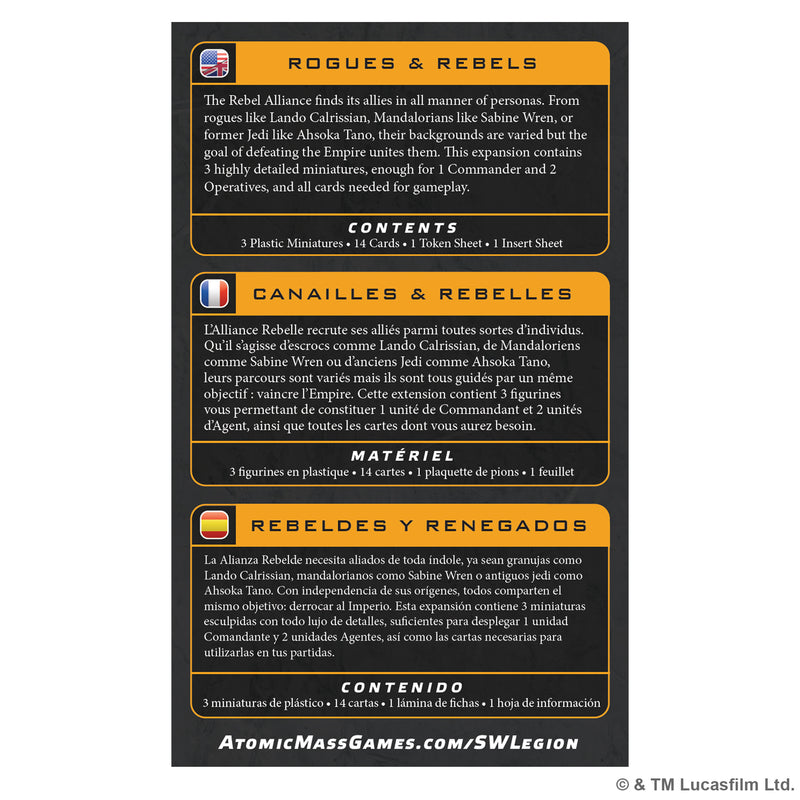Load image into Gallery viewer, Star Wars: Legion – Rogues &amp; Rebels - back of box with overview and contents list in English, French, and Spanish. 

