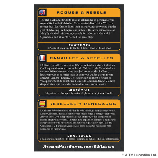 Star Wars: Legion – Rogues & Rebels - back of box with overview and contents list in English, French, and Spanish. 