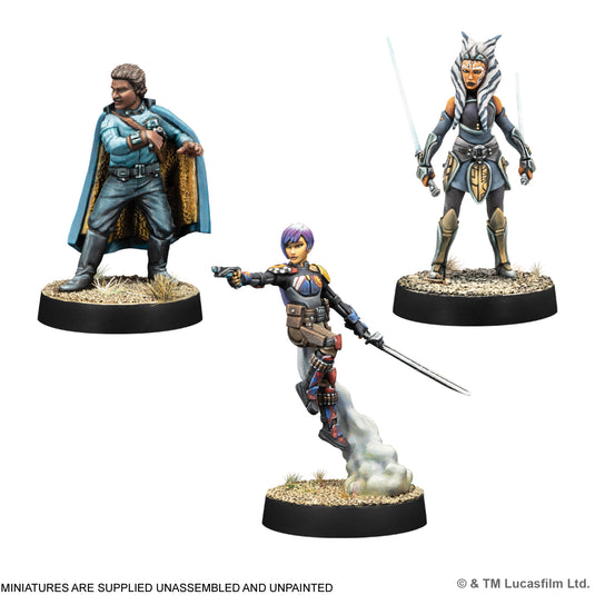 Star Wars: Legion – Rogues & Rebels -  miniatures of Lando Calrissian, Sabine Wren, and Ahsoka Tano displayed. Note states miniatures are supplied unassembled and unpainted.
