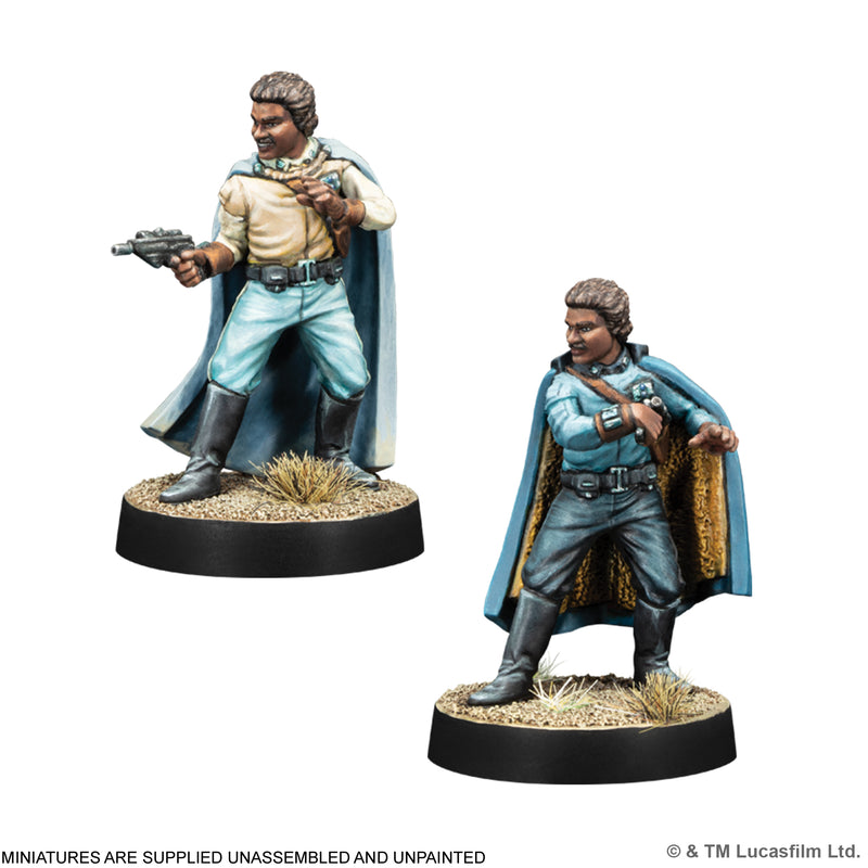 Load image into Gallery viewer, Star Wars: Legion – Rogues &amp; Rebels -  two miniatures of Lando Calrissian displayed with different poses. Note states miniatures are supplied unassembled and unpainted. 

