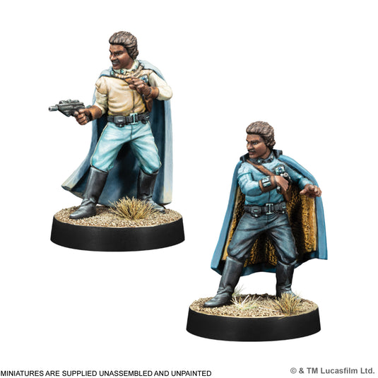 Star Wars: Legion – Rogues & Rebels -  two miniatures of Lando Calrissian displayed with different poses. Note states miniatures are supplied unassembled and unpainted. 
