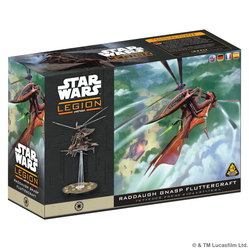 Load image into Gallery viewer, Star Wars: Legion – Raddaugh Gnasp Fluttercraft - Front of box featuring art of Raddaugh Gnasp Fluttercraft and image of assembled miniature. 
