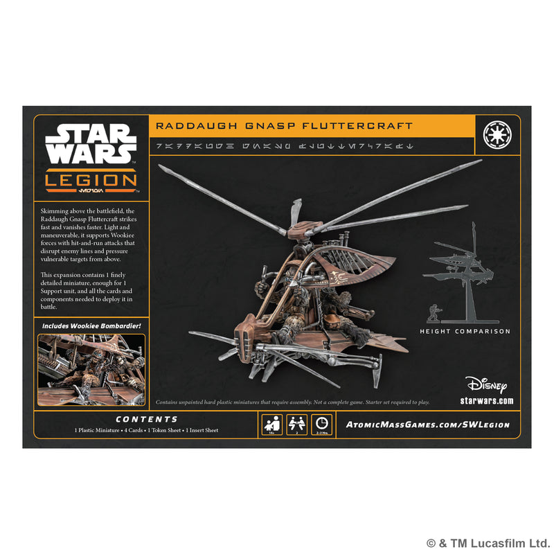 Load image into Gallery viewer, Star Wars: Legion – Raddaugh Gnasp Fluttercraft - Back of box with description, contents list, image of assembled miniature, and height comparison image showing scale of miniature. 
