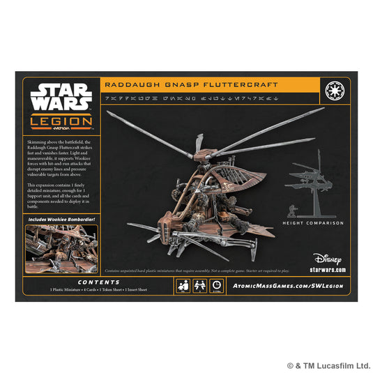 Star Wars: Legion – Raddaugh Gnasp Fluttercraft - Back of box with description, contents list, image of assembled miniature, and height comparison image showing scale of miniature. 