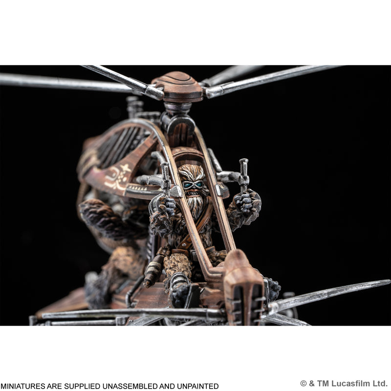 Load image into Gallery viewer, Star Wars: Legion – Raddaugh Gnasp Fluttercraft - Close up view of front of miniature showing Wookie pilot and ship details with note that miniatures are supplied unassembled and unpainted. 
