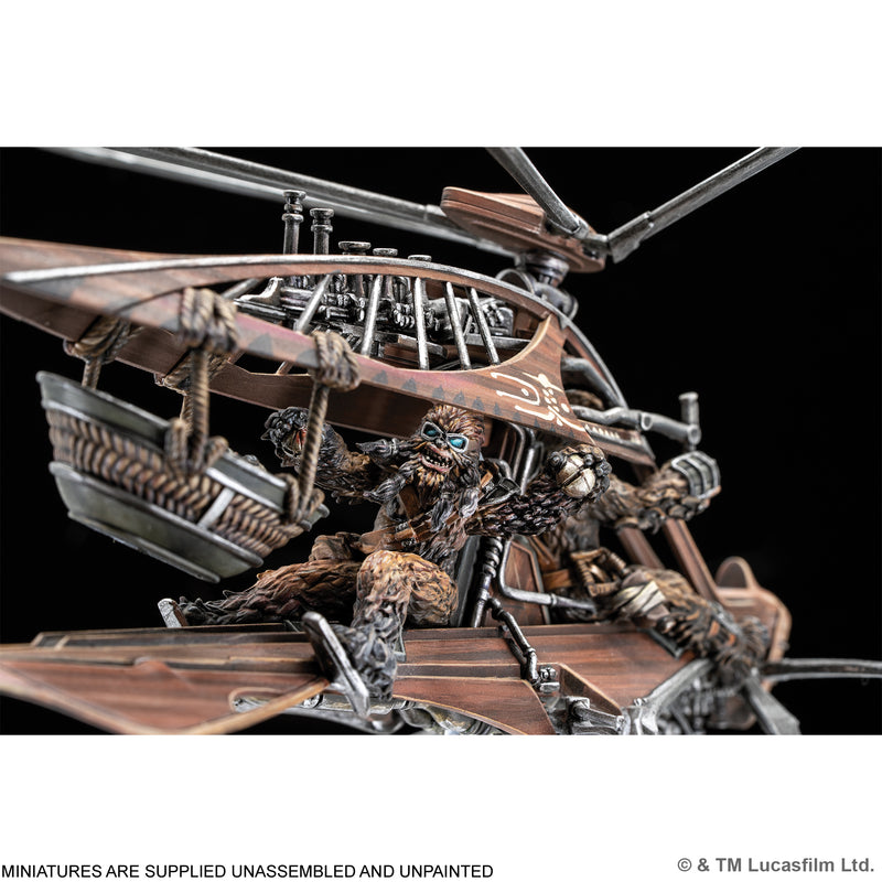 Load image into Gallery viewer, Star Wars: Legion – Raddaugh Gnasp Fluttercraft - Close up view of side of miniature showing Wookie pilot and ship details with note that miniatures are supplied unassembled and unpainted. 
