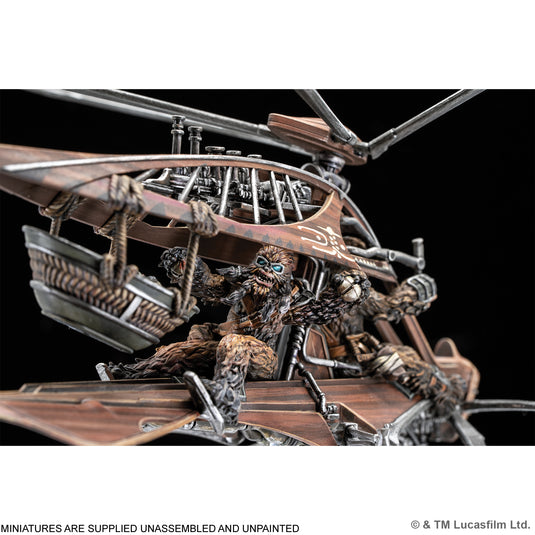 Star Wars: Legion – Raddaugh Gnasp Fluttercraft - Close up view of side of miniature showing Wookie pilot and ship details with note that miniatures are supplied unassembled and unpainted. 