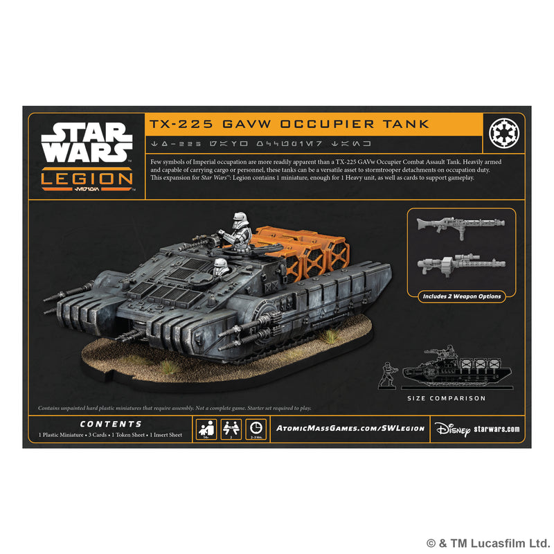 Load image into Gallery viewer, TX-225 GAVw Occupier Tank - Back of box with game description, image of miniatures, and contents list. 

