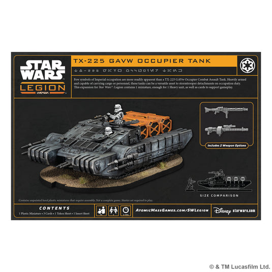 TX-225 GAVw Occupier Tank - Back of box with game description, image of miniatures, and contents list. 