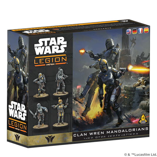 Star Wars: Legion - Clan Wren Mandalorians - view of front of box featuring art of Mandalorian characters.