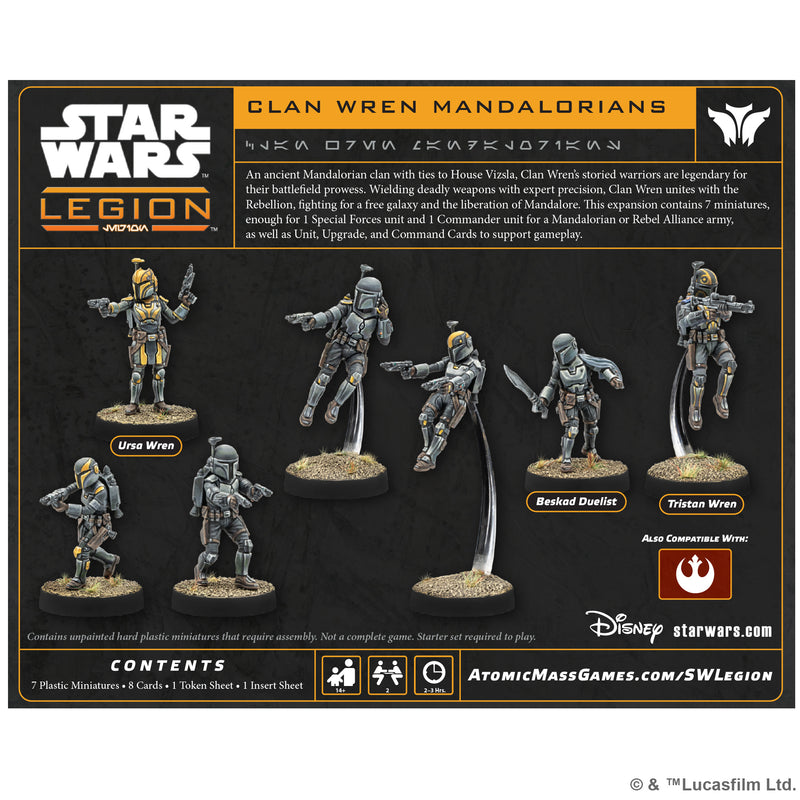 Load image into Gallery viewer, Star Wars: Legion - Clan Wren Mandalorians - back of box with overview, contents list, and images of included miniatures. 
