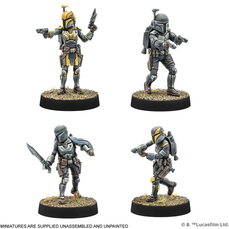 Load image into Gallery viewer, Star Wars: Legion - Clan Wren Mandalorians - view of miniatures of Mandalorian characters. Note states miniatures are supplied unassembled and unpainted.
