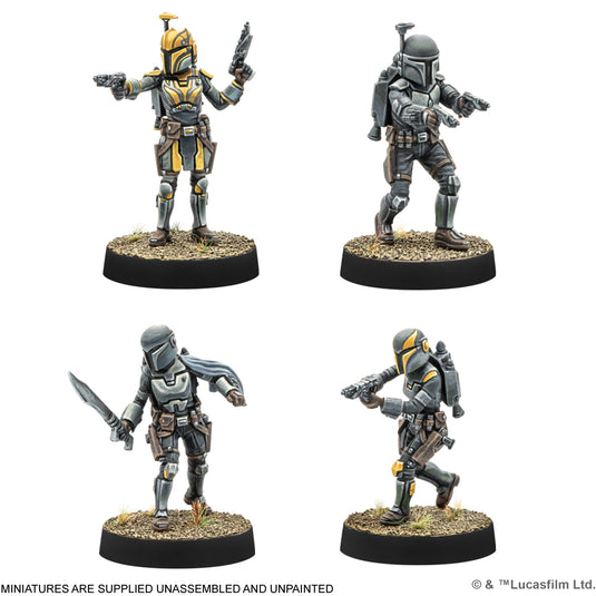 Star Wars: Legion - Clan Wren Mandalorians - view of miniatures of Mandalorian characters. Note states miniatures are supplied unassembled and unpainted.